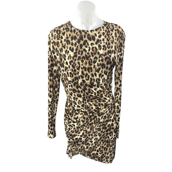 Retro & Icone Brown Leopard Animal Print Ruched Long Sleeve Mini Bodycon Dress L - Picture 1 of 3